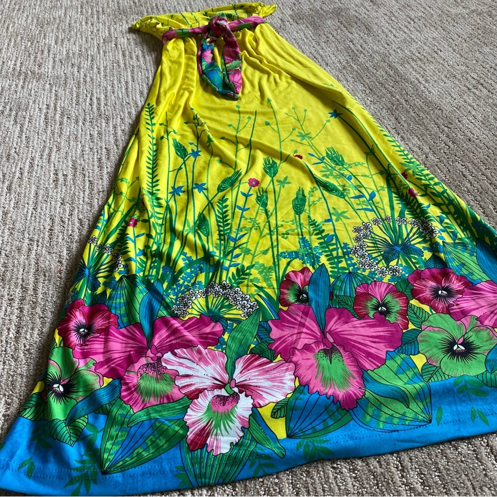 Yellow Botanical Belted Maxi Dress with Pink & Blue Accents
